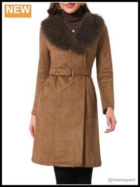 Faux Suede Trench Coat with Belt Winter Jacket